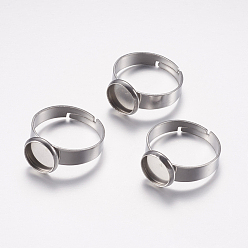 Stainless Steel Color Adjustable 304 Stainless Steel Finger Rings Components, Pad Ring Base Findings, Flat Round, Stainless Steel Color, Tray: 8mm, Size 7, 17mm
