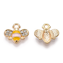 Misty Rose Golden Plated Alloy Enamel Charms, with Rhinestone, Bee Charm, Misty Rose, 12.5x14.5x2.5mm, Hole: 1.8mm