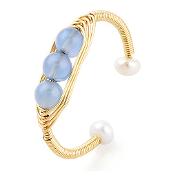 Real 14K Gold Plated Natural Aquamarine Braided Oval Open Cuff Ring with Pearl Beaded, Brass Wire Wrapped Jewelry for Women, Real 14K Gold Plated, US Size 9 3/4(19.5mm)