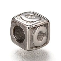 Letter C 304 Stainless Steel European Beads, Large Hole Beads, Horizontal Hole, Cube with Letter, Stainless Steel Color, Letter.C, 8x8x8mm, Hole: 4.5mm