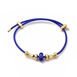 Bleu Mauvais œil au chalumeau et bracelet perlé en laiton, Bracelet réglable en corde torsadée en acier inoxydable pour femme, bleu, diamètre intérieur: 2~3-1/2 pouce (5~9 cm)