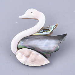 Misty Rose Shell Brooches/Pendants, with Iron Findings, Swan, Platinum, Misty Rose, 47~48x42~46x13~14mm, Hole: 6.5mm, Pin: 0.6mm