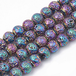 Colorful Electroplated Natural Lava Rock Beads Strands, Round, Bumpy, Colorful, 8~8.5mm, Hole: 1mm, about 46pcs/strand, 14.5 inch