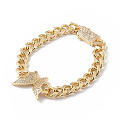 Real 18K Gold Plated Clear Cubic Zirconia Butterfly Link Bracelet with Curb Chains, Brass Jewelry for Women, Cadmium Free & Lead Free, Real 18K Gold Plated, 7-1/2 inch(19cm)