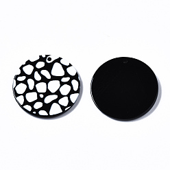 Black 3D Printed Acrylic Pendants, Flat Round with Wave Point Pattern, Black and White, Black, 27.5x2.5mm, Hole: 1.6mm