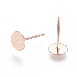 Rose Gold 304 Stainless Steel Stud Earring Findings, Flat Round, Rose Gold, 6x0.3mm, Pin: 0.7mm