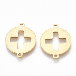 Golden 201 Stainless Steel Links connectors, Laser Cut Links, Flat Round with Cross, Golden, 19x15x1mm, Hole: 1mm
