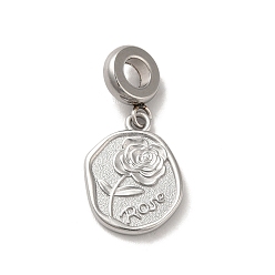 Stainless Steel Color 304 Stainless Steel European Dangle Charms, Large Hole Pendants, Oval with Rose Pattern, Stainless Steel Color, 28mm, Pendant: 18.5x13.5x2mm, Hole: 4.5mm