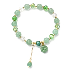 Aventurine Verte Bracelet extensible en aventurine verte naturelle et perles de verre, bracelet à breloques trèfle et pompon en laiton pour femme, diamètre intérieur: 2-1/4 pouce (5.75 cm)