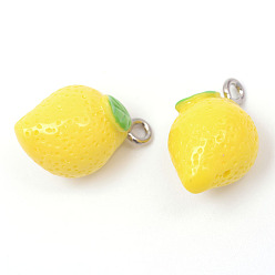 Yellow Lemon Resin Pendants, with Platinum Tone Iron Findings, Yellow, 20~24x12x12mm, Hole: 2mm