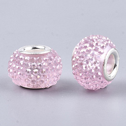 Pink Rhinestone de résine de perles européennes, Perles avec un grand trou   , en laiton de tonalité de platine noyaux doubles, couleur ab , rondelle, perles baies, rose, 14x10mm, Trou: 5mm