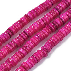 Fuchsia Natural Freshwater Shell Beads Strands, Dyed, Flat Round/Disc, Heishi Beads, Fuchsia, 5~6x1~2mm, Hole: 1mm, about 205~215pcs/strand, 15.35 inch(39cm)
