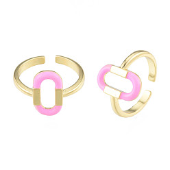 Golden Pink Enamel Oval Open Cuff Ring, Brass Jewelry for Women, Cadmium Free & Nickel Free & Lead Free, Golden, US Size 7 1/4(17.5mm)