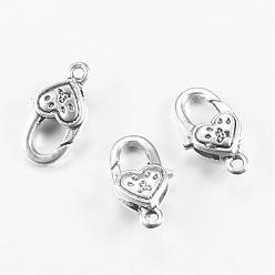 Antique Silver Tibetan Style Alloy Lobster Claw Clasps, Heart, Cadmium Free & Nickel Free & Lead Free, Antique Silver, 20.5x11x6mm, Hole: 2mm