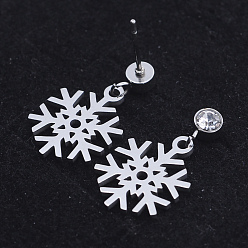 Stainless Steel Color 201 Stainless Steel Dangle Stud Earrings, with Clear Cubic Zirconia, Snowflake, Stainless Steel Color, 21mm, Pin: 0.8mm