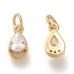 Clear Brass Micro Pave Clear Cubic Zirconia Charms, with Jump Rings, Long-Lasting Plated, Real 18K Gold Plated, Teardrop, Clear, 10.5x5.5x3.5mm, Hole: 3.4mm