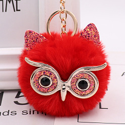 Red Pom Pom Ball Keychain, with KC Gold Tone Plated Alloy Lobster Claw Clasps, Iron Key Ring and Chain, Owl, Red, 12cm