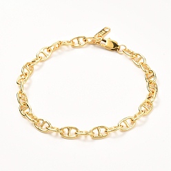 Real 18K Gold Plated Brass Mariner Link Chains Bracelet, with 304 Stainless Steel Findings, Real 18K Gold Plated, 7-5/8 inch(19.5cm)