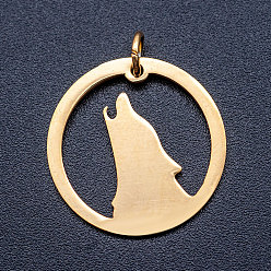Golden 201 Stainless Steel Pendants, with Unsoldered Jump Rings, Flat Round with Wolf, Golden, 20x1mm, Hole: 3mm, Jump Ring: 5x0.8mm