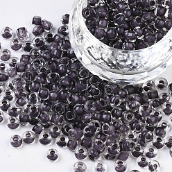 Gris 12/0 perlas de cristal de la semilla, colores dentro transparentes, agujero redondo, rondo, gris, 12/0, 2~2.5x1.5~2 mm, agujero: 0.8 mm, sobre 30000 unidades / bolsa