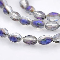 Clear Half Rainbow Plated Glass Faceted Rice Beads Strands, Clear, 6x4mm, Hole: 1mm, about 72pcs/strand, 16 inch