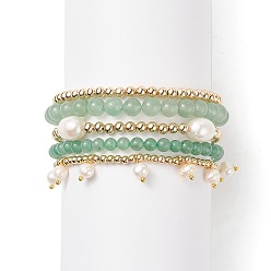 Green Aventurine 5Pcs 5 Style Natural Green Aventurine & Brass Beaded Stretch Bracelets Set, Natural Pearl Charms Stackable Bracelets for Women, Inner Diameter: 2~2-1/4 inch(5.2~5.6cm), 1Pc/style