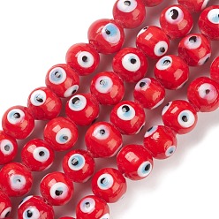 Red Handmade Evil Eye Lampwork Bead Strands, Round, Red, 10.5~11x9~10mm, Hole: 2~3mm, about 40pcs/strand, 14.13~14.6''(35.9~37.1cm)