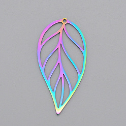 Rainbow Color Ion Plating(IP) 201 Stainless Steel Pendants, Laser Cut, Leaf, Rainbow Color, 42x21x1mm, Hole: 1.4mm