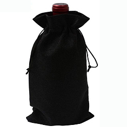 Black Rectangle Linenette Drawstring Bags, with Price Tags & Cords, for Wine Bottle Packaging, Black, 36x16cm