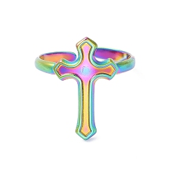 Rainbow Color Placage ionique (ip) 304 anneau de manchette ouvert en croix en acier inoxydable pour femme, couleur arc en ciel, diamètre intérieur: 18 mm