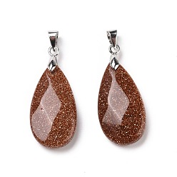 Goldstone Synthetic Goldstone Pendants, with Brass Platinum Tone Findings, Faceted, Teardrop Charm, 29~30.5x13x6~7mm, Hole: 4x3.5mm