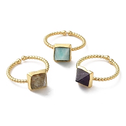 Mixed Stone Natural Mixed Gemstone Pyramid Open Cuff Ring, Golden Brass Finger Ring, Cadmium Free & Lead Free, Inner Diameter: 17mm
