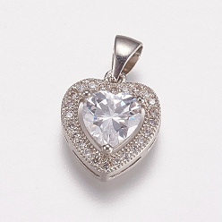 Platinum Brass Micro Pave Cubic Zirconia Charms, Heart, Clear, Platinum, 14x12x5mm, Hole: 3x5mm