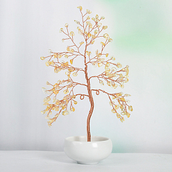 Citrine Undyed Natural Citrine Chips Tree of Life Display Decorations, with Porcelain Bowls, Copper Wire Wrapped Feng Shui Ornament for Fortune, 145x205mm