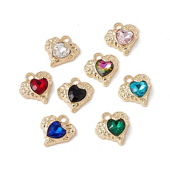 Mixed Color Alloy Pendants, with Glass, Golden, Heart Charm, Mixed Color, 18x17x5.5mm, Hole: 2.5mm