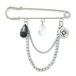 Antique Silver & Platinum Faceted Teardrop & Alloy Flower Charm Safety Pin Brooch, with 304 Stainless Steel Twist Chains, Antique Silver & Platinum, 80x76mm