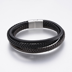 Черный Кожаный шнур многожильных браслеты, с 304 из нержавеющей стали магнитные застежки, чёрные, 8-5/8 дюйм (22 см)