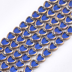 Blue Electroplate Glass Beads Strands, Edge Plated, Heart, Blue, 10x10x4mm, Hole: 1mm, about 30pcs/strand, 11.4 inch