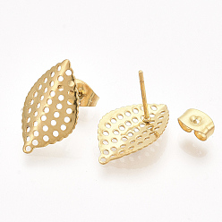 Golden 304 Stainless Steel Stud Earring Findings, with Loop and Ear Nuts/Earring Backs, Leaf, Golden, 18x11mm, Hole: 0.9mm, Pin: 0.7mm