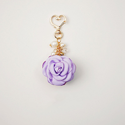 Lavender Satin Rose Pendant Decorations, with Heart Lobster Claw Clasps, Lavender, 105mm