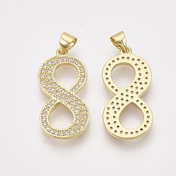 Number Brass Cubic Zirconia Pendants, Real 14K Gold Plated, Clear, Number, Num.8, 25x12.5x1.5mm, Hole: 4x3mm