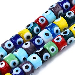 Mixed Color Handmade Evil Eye Lampwork Beads Strands, Column, Mixed Color, 8.5x6~7mm, Hole: 2mm, about 53~56pcs/strand, 13.78 inch~14.17 inch(35cm~36cm)