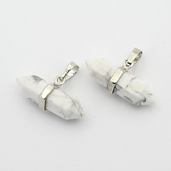 Howlite Synthetic Howlite Double Terminated Pointed Pendants, with Platinum Plated Brass Findings, Bullet, 15.5x30~35x8~9mm, Hole: 5x7.5mm