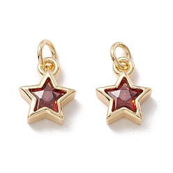 Dark Red Brass Cubic Zirconia Charms, Real 18K Gold Plated, Star, Dark Red, 9x7.5x3mm, Hole: 2.5mm