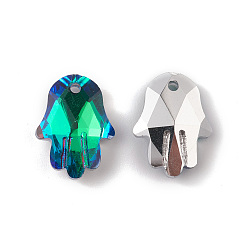 Green Electroplate Transparent Glass Pendants, Back Plated, Faceted, Hamsa Hand Charms, Green, 18x13.5x5.5mm, Hole: 1.6mm