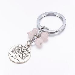 Rose Quartz Alloy Keychain, with Rose Quartz Beads, Flat Round with Tree of Life, 89mm