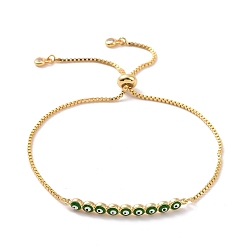 Green Enamel Evil Eye Link Slider Bracelet with Cubic Zirconia, Real 18K Gold Plated Brass Lucky Jewelry for Women, Green, Inner Diameter: 1/2~3-1/4 inch(1.2~8.3cm)