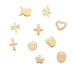 Real 24K Gold Plated 201 & 304 Stainless Steel Charms, Fish & Cross & Clover & Heart &  Flower & Flat Round & Dragonfly & Oval Charm, Real 24K Gold Plated, 6~13.5x3~11.5x0.8~1.5mm, Hole: 1~1.2mm