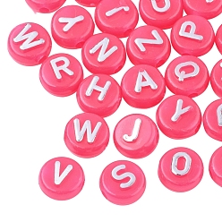 Cerise Plating Opaque Acrylic Beads, Metal Enlaced, Flat Round with Letter, Cerise, 10x6mm, Hole: 1.8mm, about 632pcs/200g