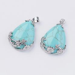 Synthetic Turquoise Teardrop with Flower Platinum Plated Brass Dyed Synthetic Turquoise Pendants, Cadmium Free & Lead Free, 38x27x9mm, Hole: 4x7.5mm
